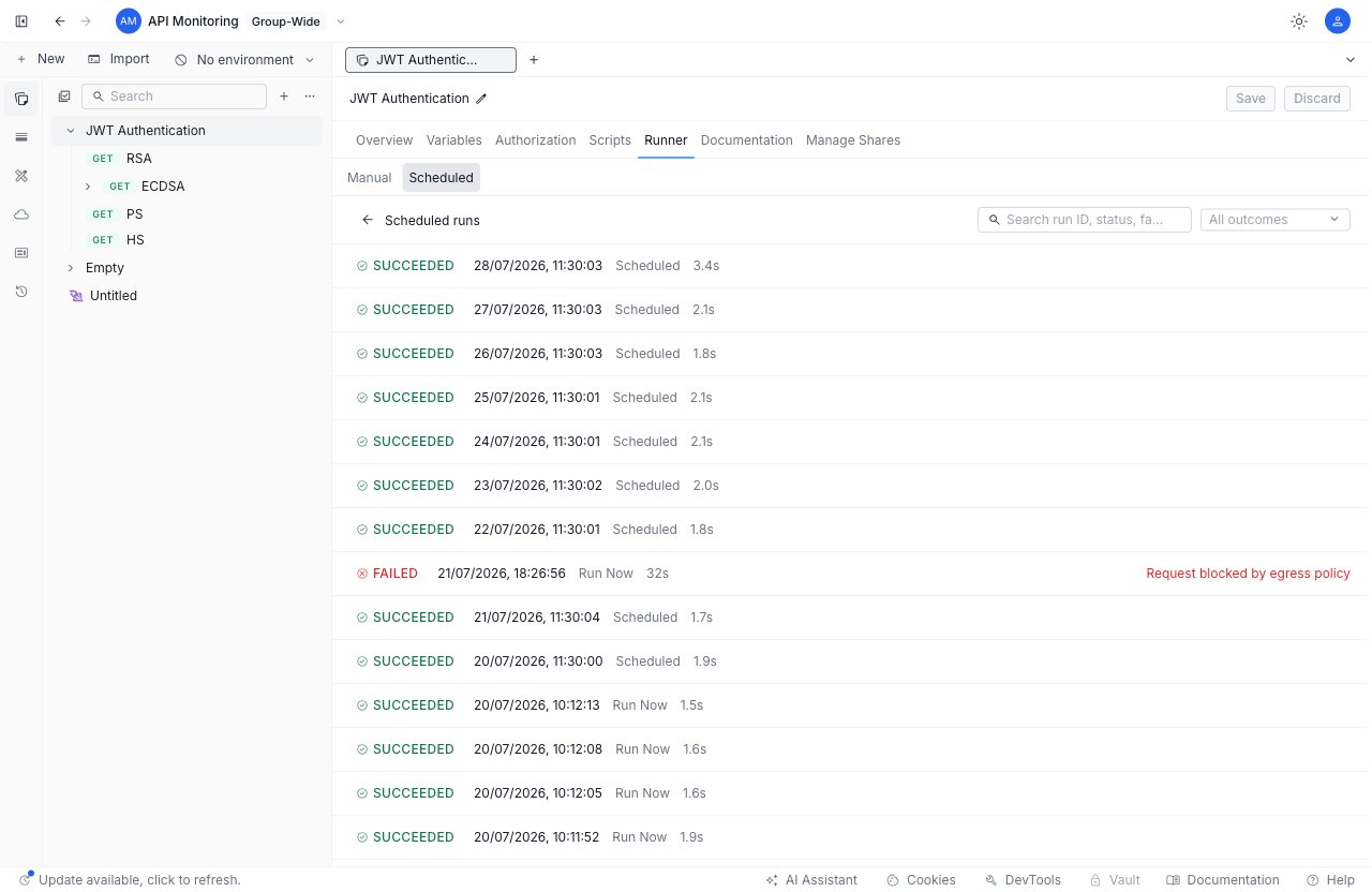 The run-history list for a scheduled run, showing each run's outcome, start time, trigger source, and duration, with search and outcome filters.