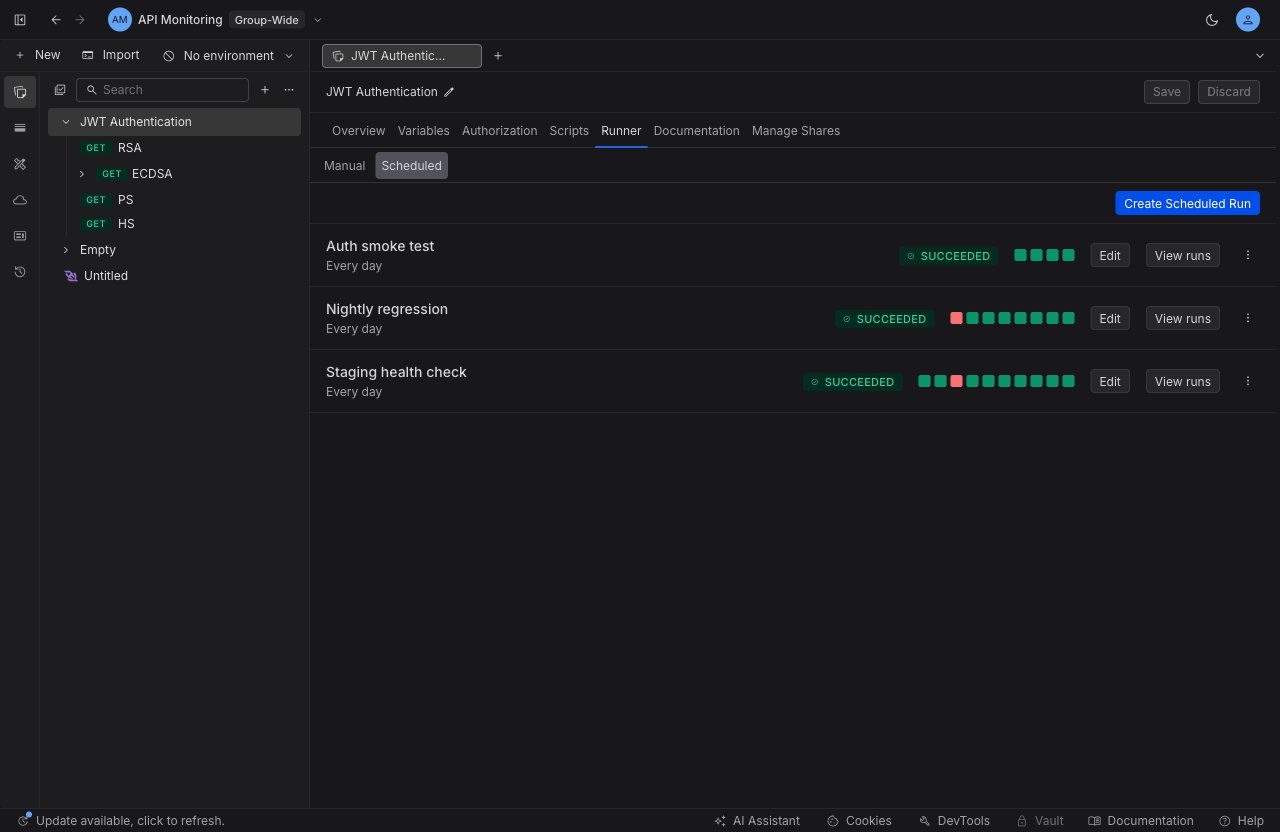 The Scheduled sub-tab of a collection's Runner tab, listing scheduled runs with their cadence, latest outcome, and a recent-run history strip.