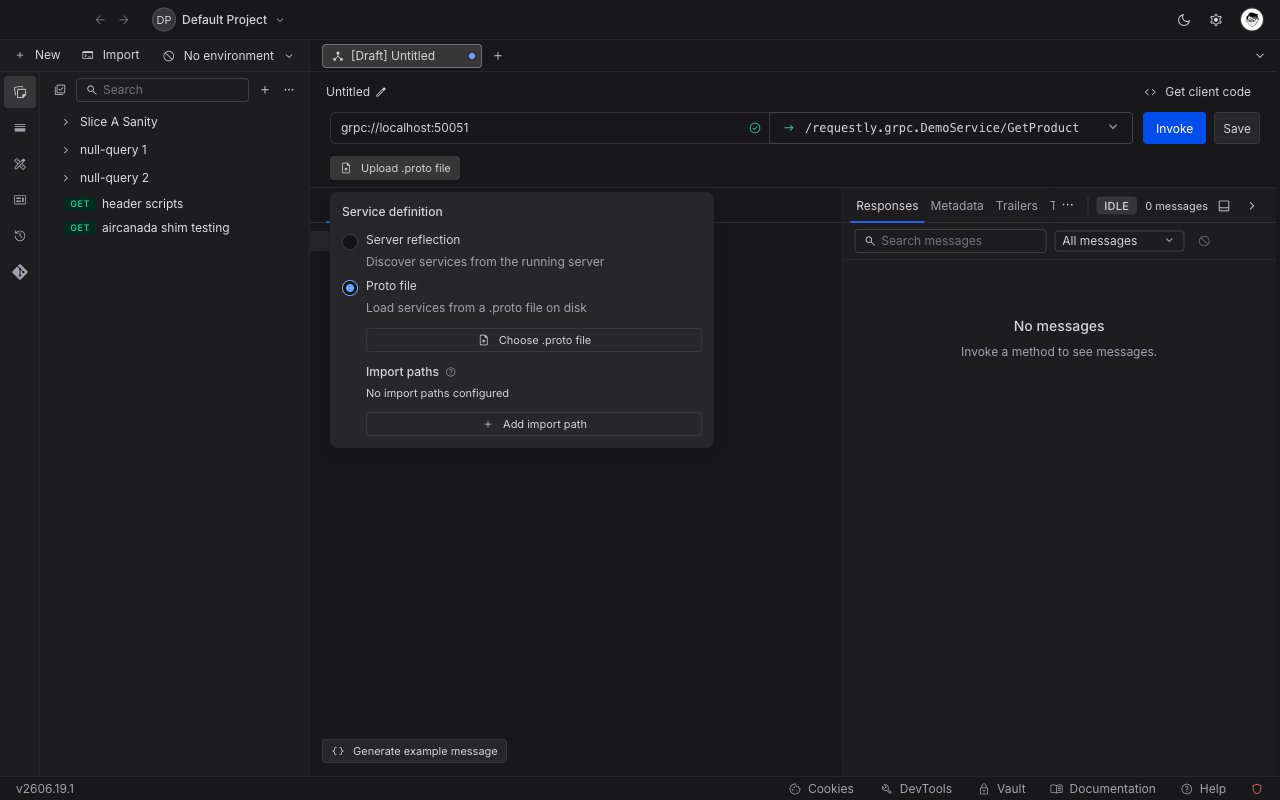 Service definition popover in Requestly with Proto file selected, showing the Choose .proto file button and the Import paths section