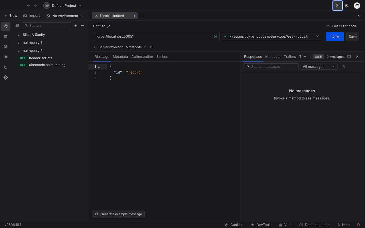 gRPC request editor in Requestly with a connected server, the GetProduct method selected, and an example message in the Message tab
