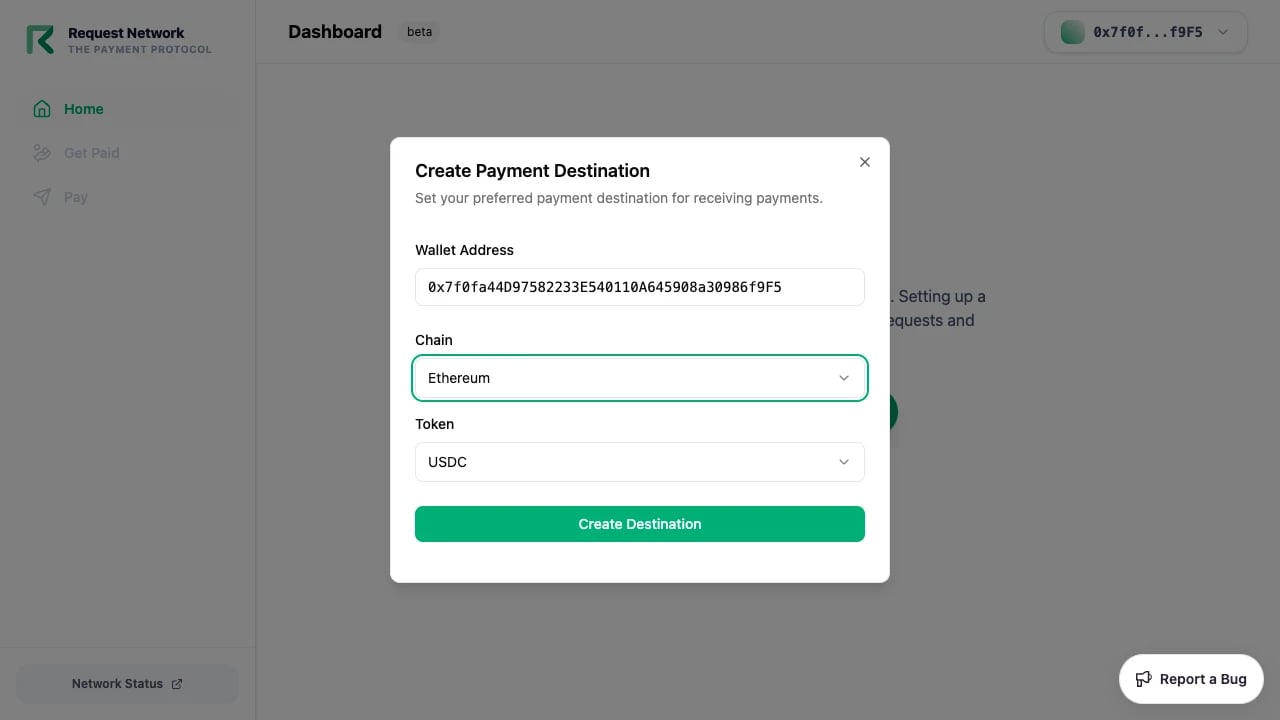 Create payment destination dialog