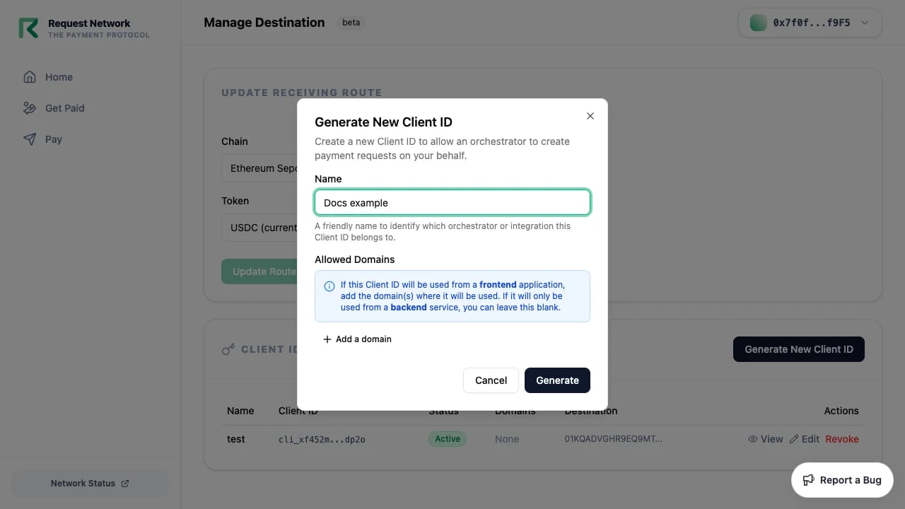 Generate Client ID dialog
