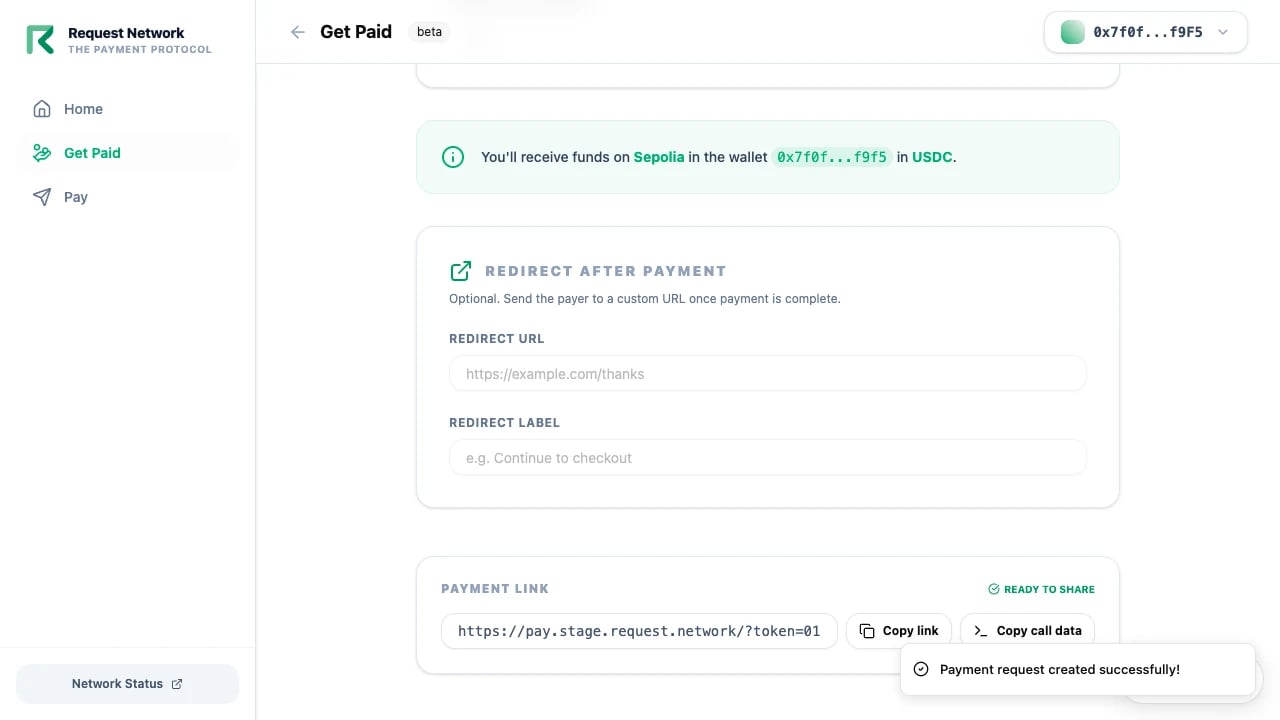 Request detail with payment link