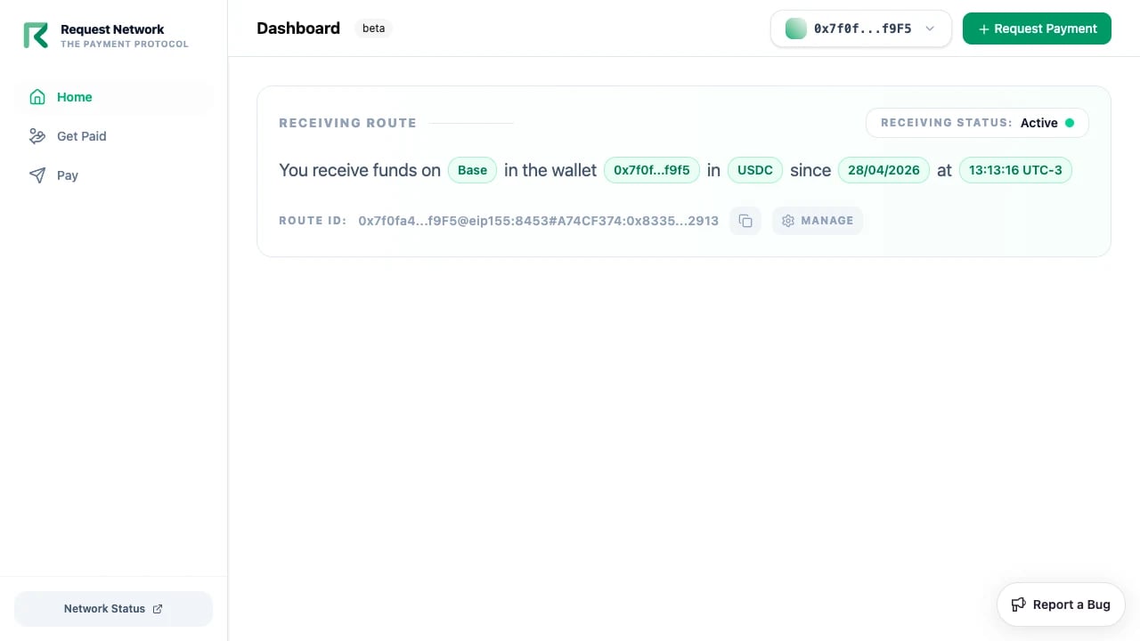 Dashboard home with active payment destination