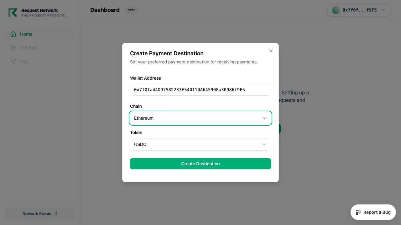 Create payment destination dialog