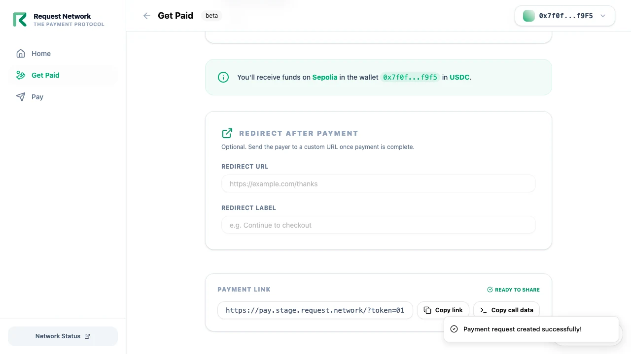 Request detail with payment link