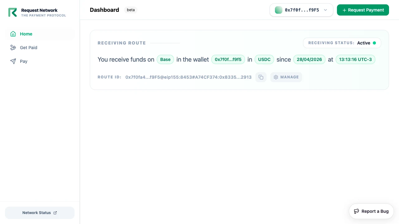 Dashboard home with active payment destination
