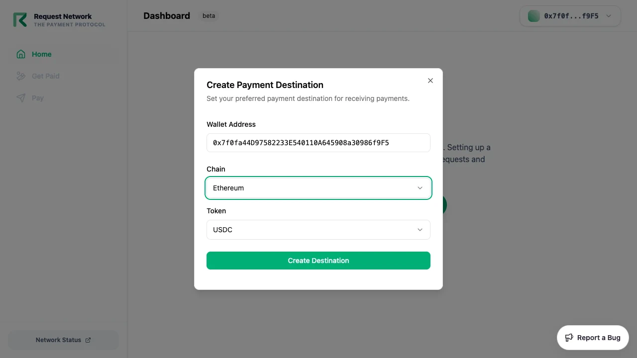 Create payment destination dialog
