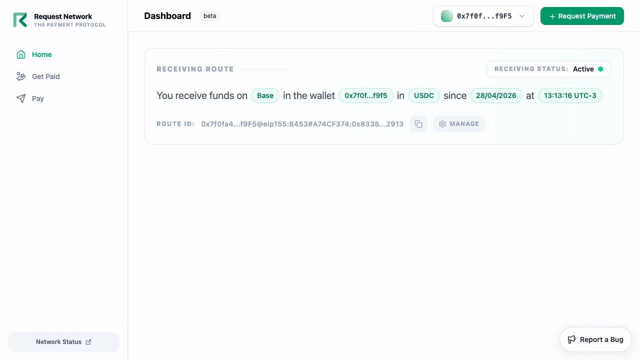 Dashboard home with active payment destination