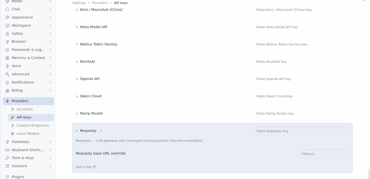 Hermes Desktop Settings, Providers, API keys with the Requesty row expanded: key field, base URL override and Get a key link