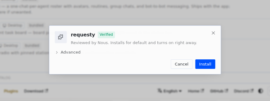 Hermes Desktop install dialog for the verified requesty plugin with Cancel and Install buttons