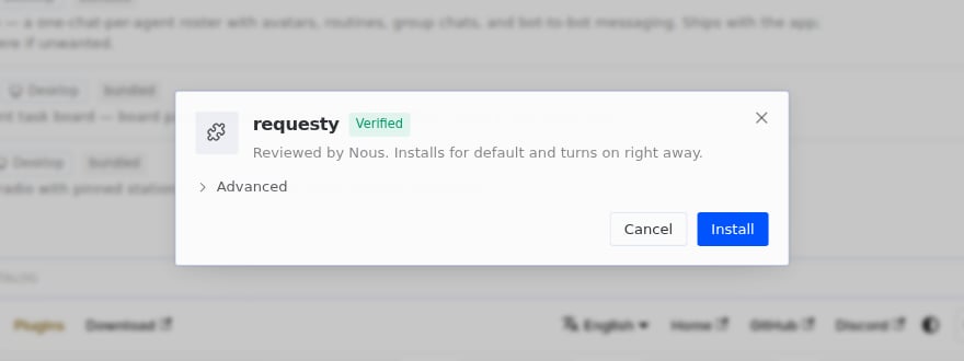 Hermes Desktop install dialog for the verified requesty plugin with Cancel and Install buttons