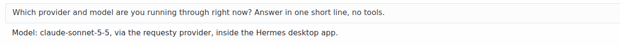 Hermes Desktop answering that it runs claude-sonnet-5-5 via the requesty provider
