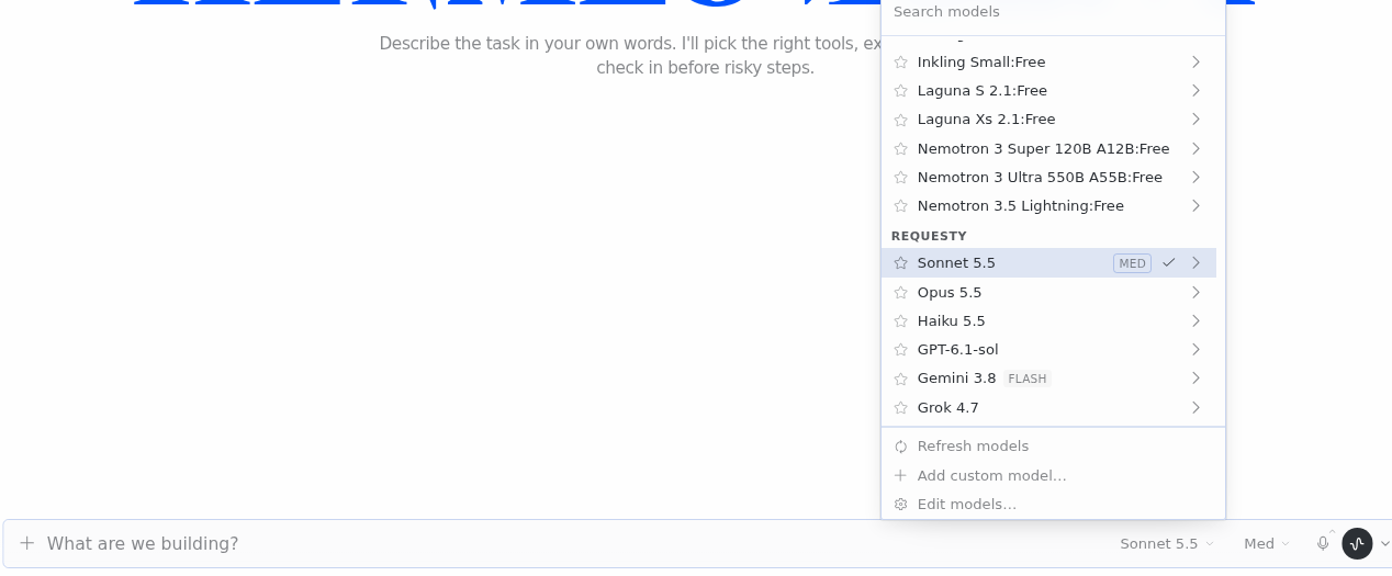 Hermes Desktop model picker with a REQUESTY section listing Sonnet 5.5, Opus 5.5, Haiku 5.5, GPT-6.1-sol, Gemini 3.8 and Grok 4.7