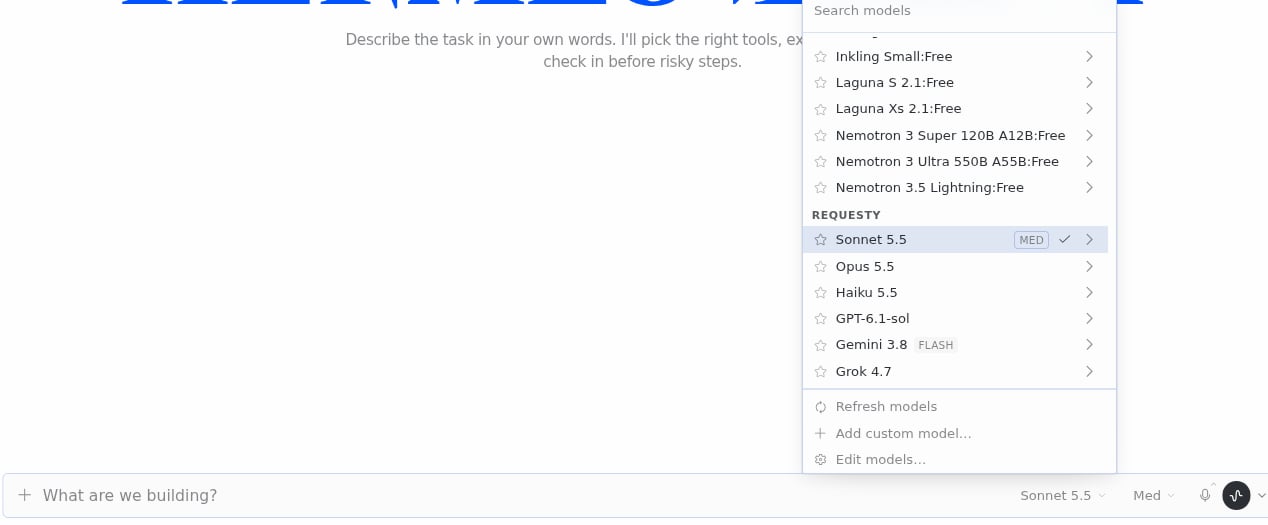 Hermes Desktop model picker with a REQUESTY section listing Sonnet 5.5, Opus 5.5, Haiku 5.5, GPT-6.1-sol, Gemini 3.8 and Grok 4.7