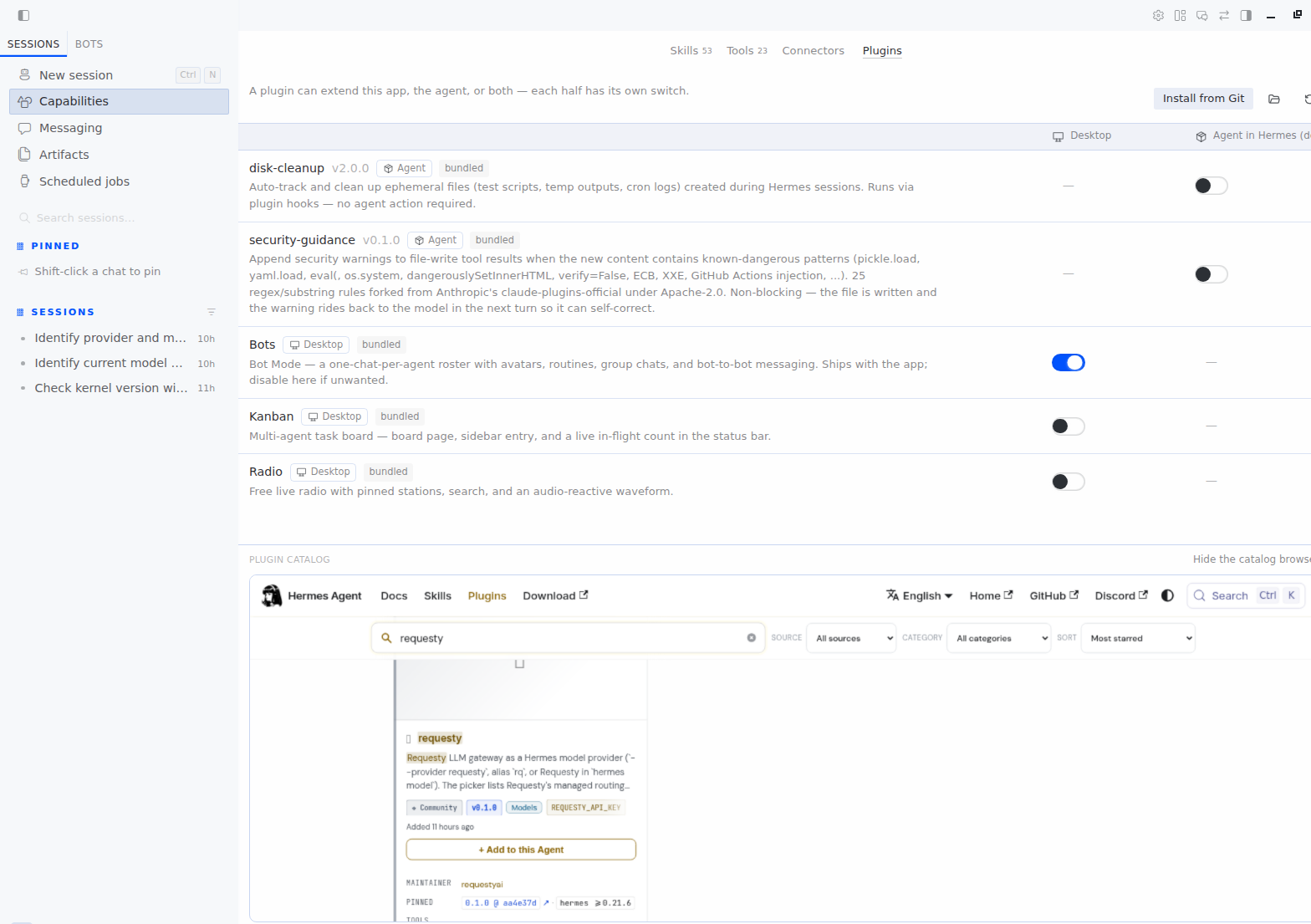 Hermes Desktop Capabilities page, Plugins tab, with the Requesty card in the plugin catalog and its Add to this Agent button