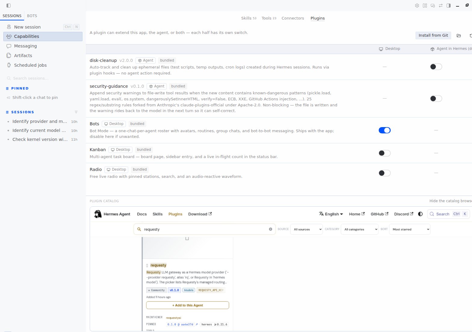 Hermes Desktop Capabilities page, Plugins tab, with the Requesty card in the plugin catalog and its Add to this Agent button
