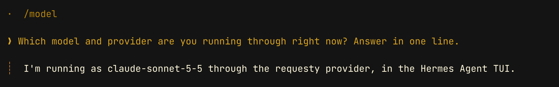 Hermes TUI answering that it runs as claude-sonnet-5-5 through the requesty provider