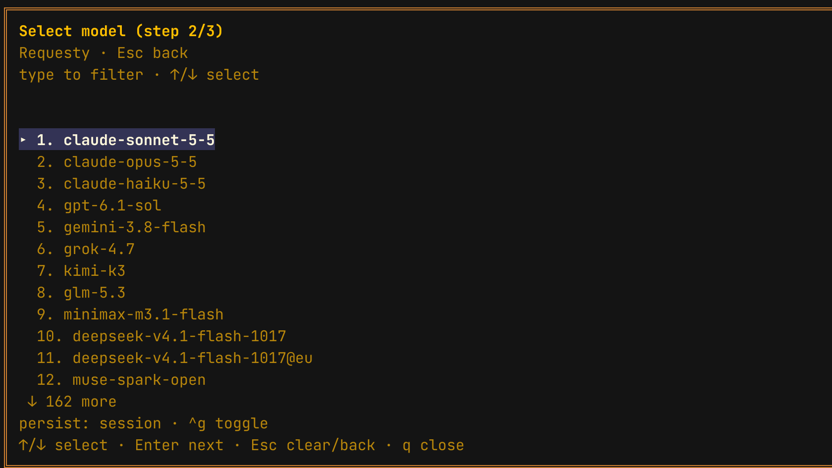 Hermes TUI model list for Requesty with claude-sonnet-5-5 selected