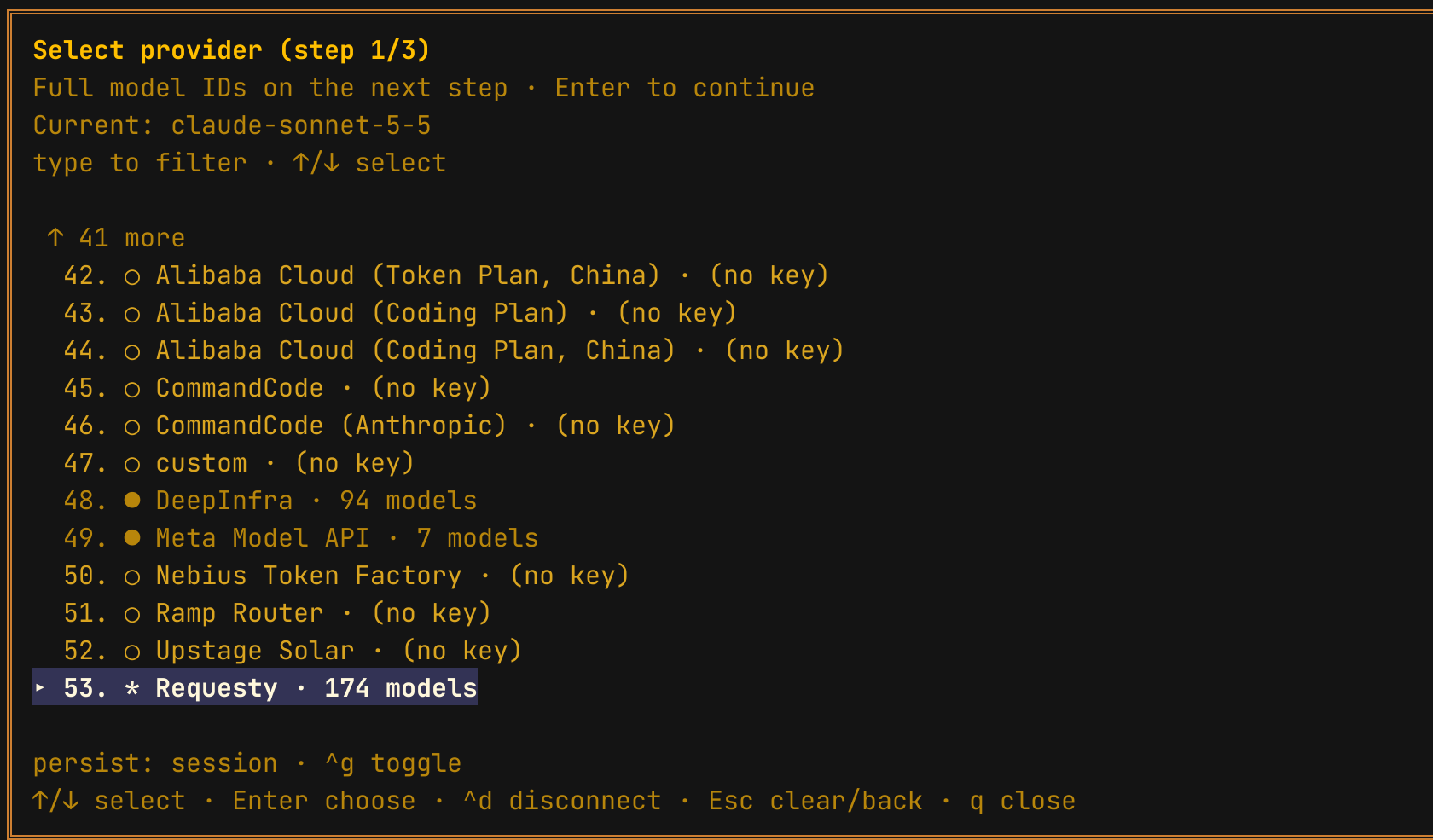 Hermes TUI provider picker with Requesty selected, showing 174 models