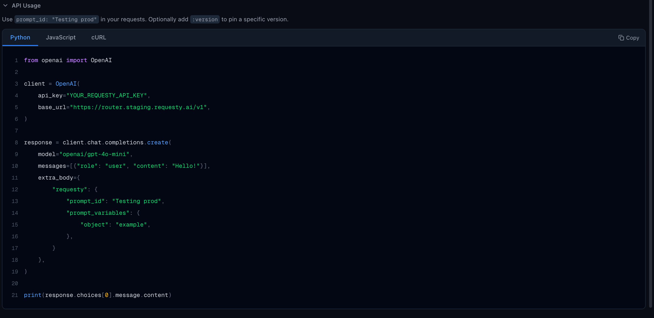 API usage with Python, JavaScript, and cURL examples