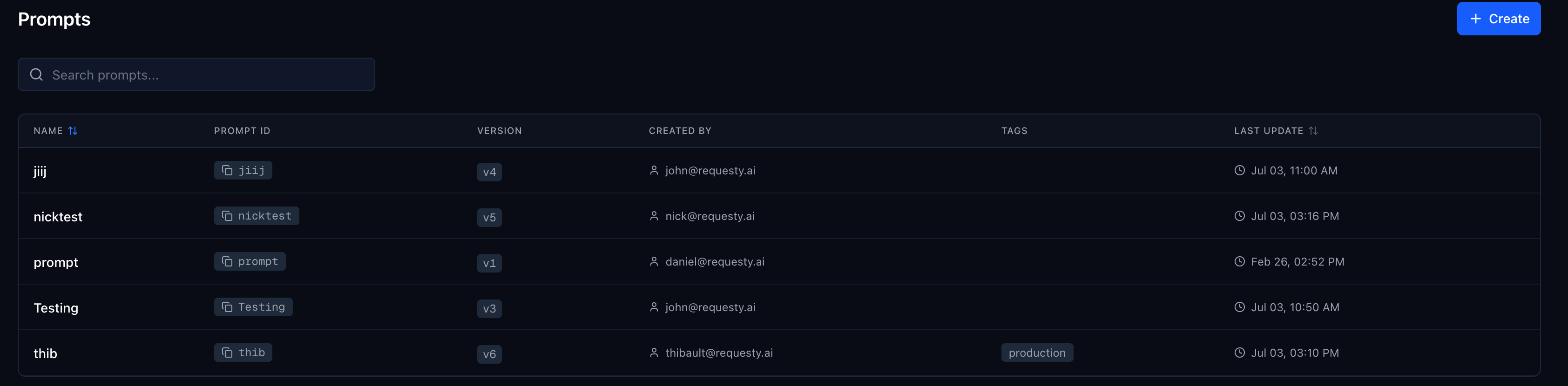 Prompts list with search, version, tags, and created by