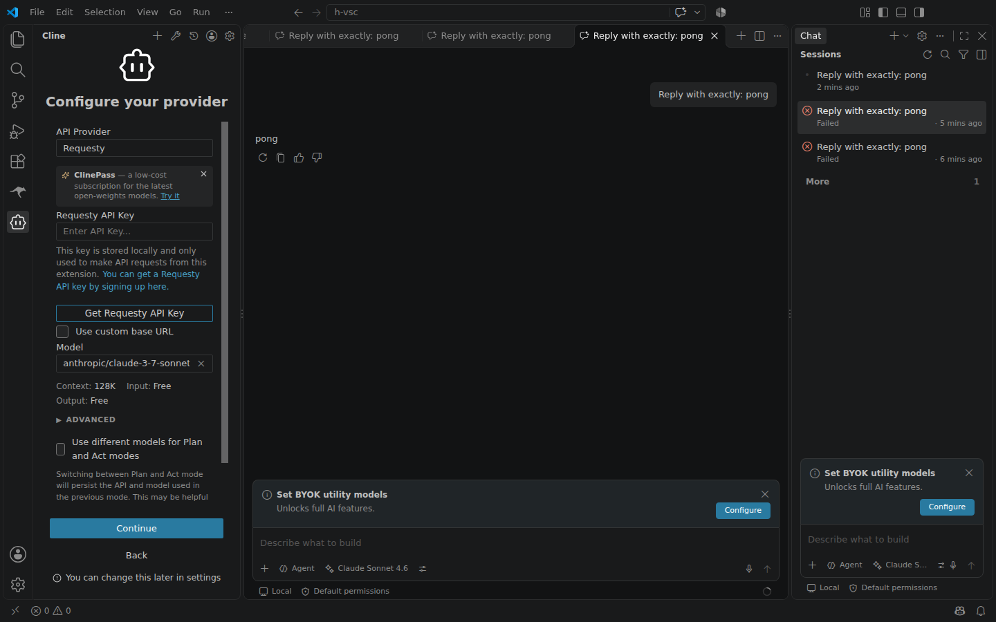 Cline provider settings with Requesty selected