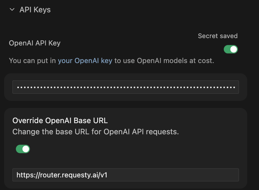 Cursor API Keys settings with the Requesty base URL