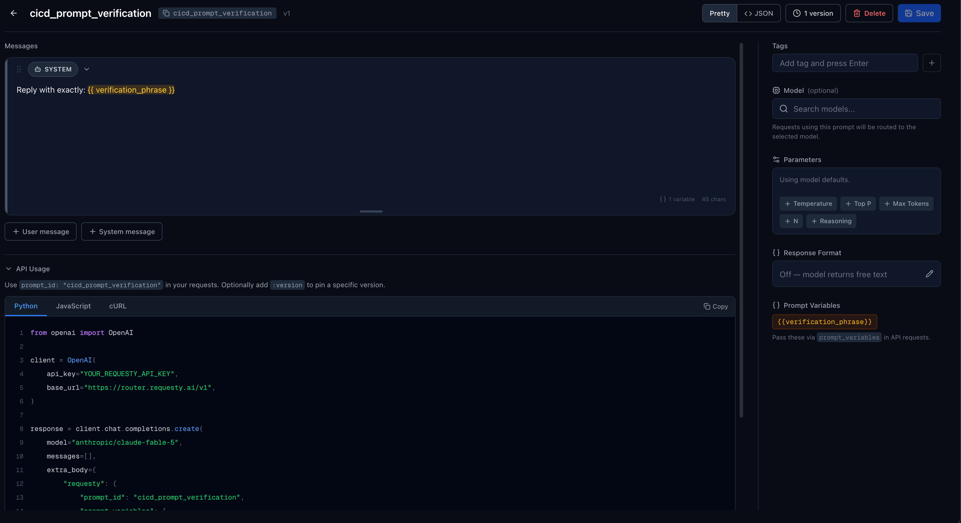 Prompt editor with model, parameters, response format, variables, and API usage
