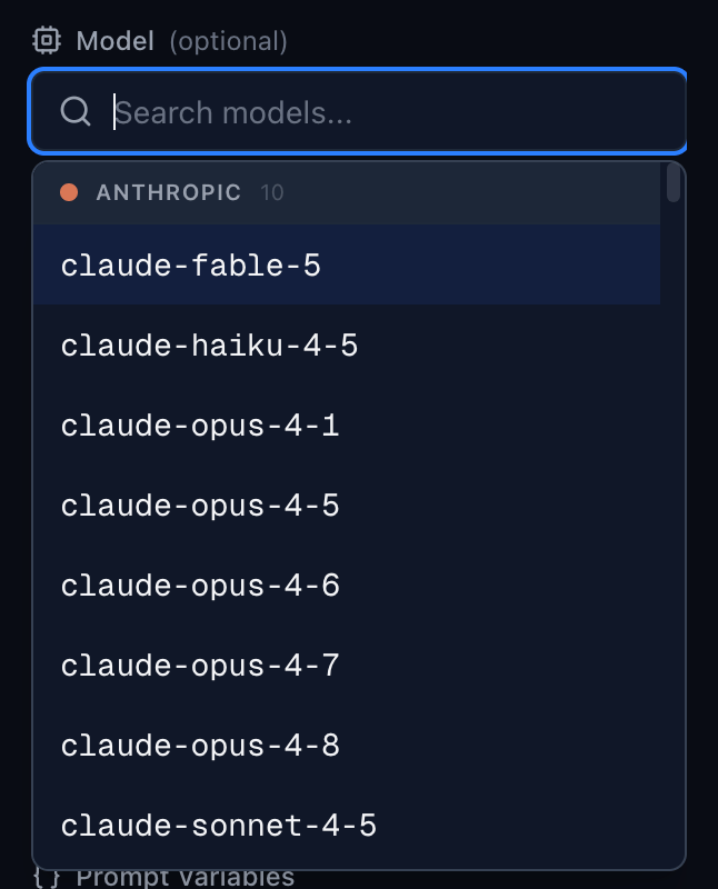 Model picker with searchable provider list