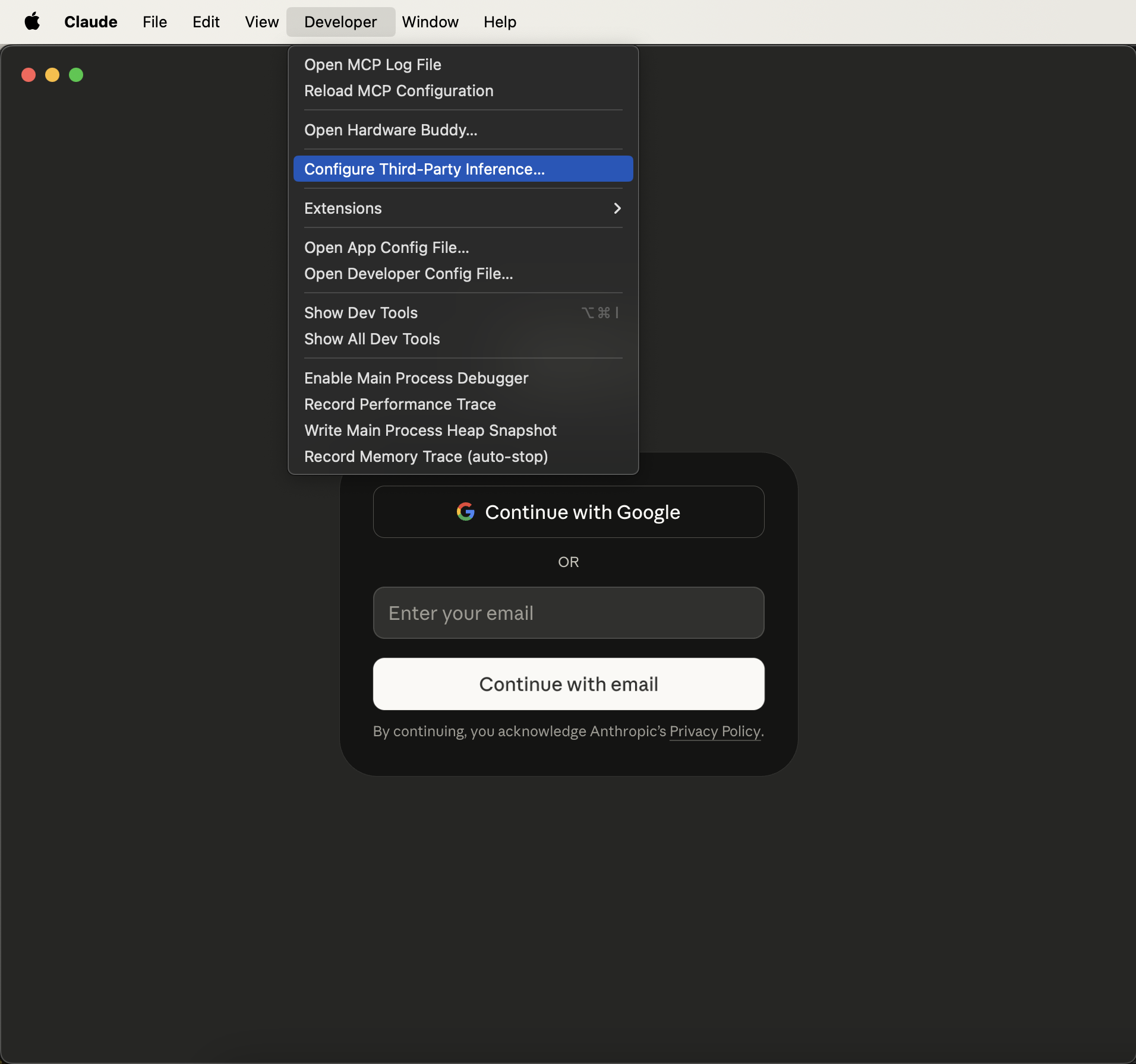 Developer menu with Configure Third-Party Inference highlighted