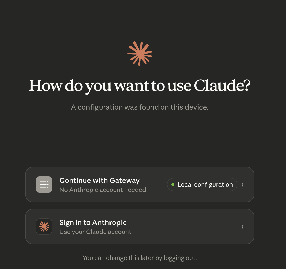 Claude Cowork startup screen with Continue with Gateway and Sign in to Anthropic options
