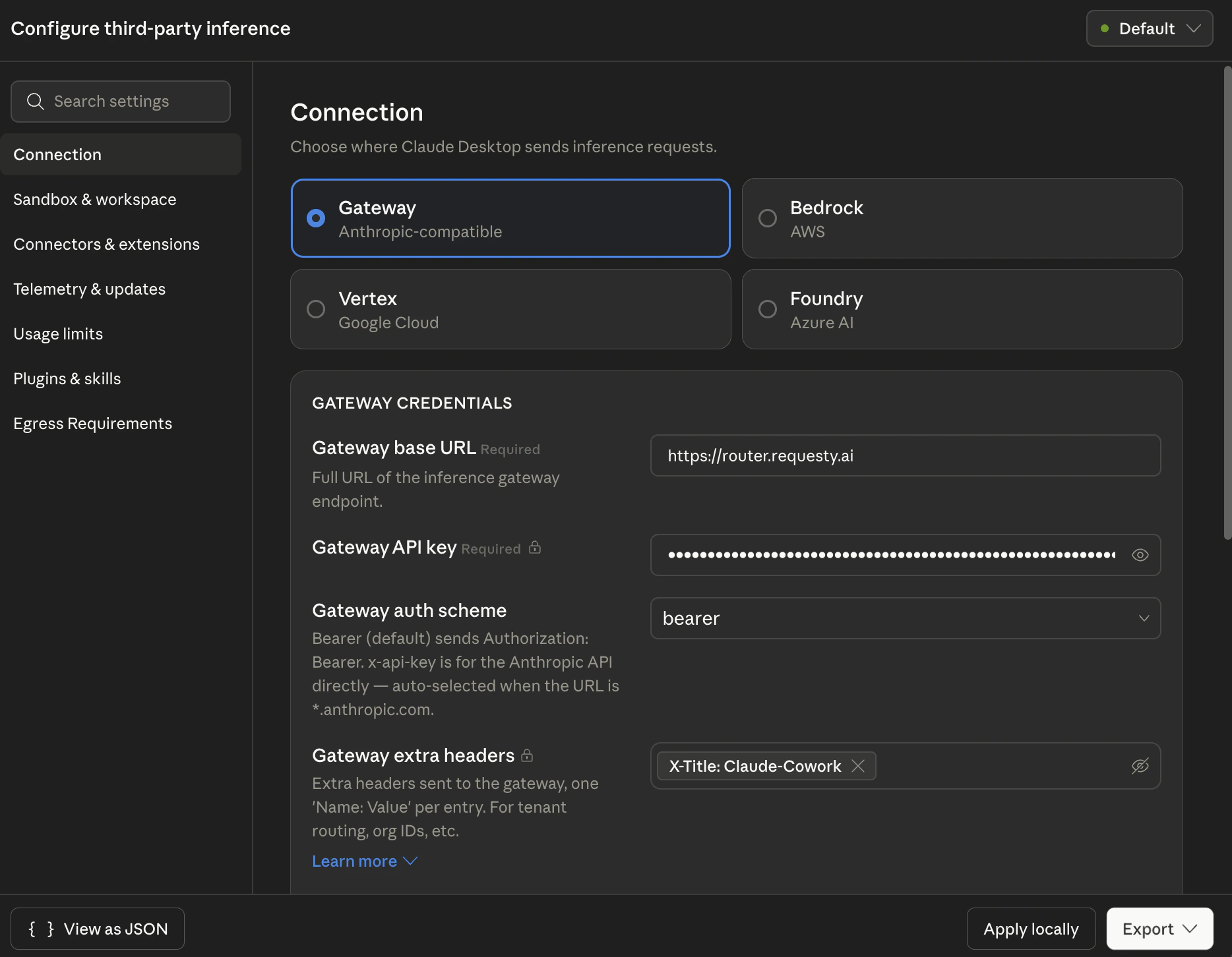 Claude Cowork gateway configuration filled in with Requesty router URL, bearer auth, and the X-Title: Claude-Cowork header