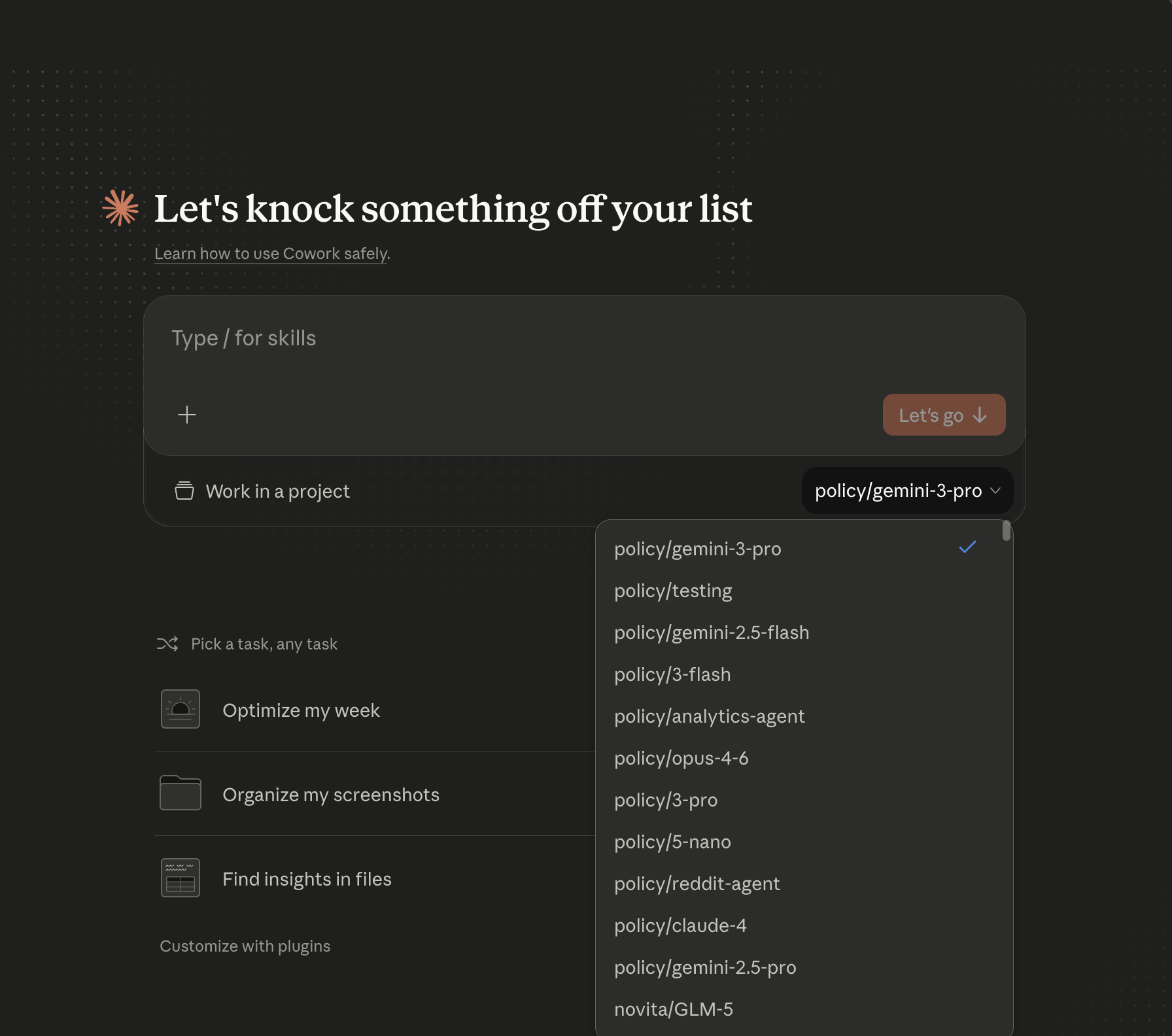 Claude Cowork model picker showing Requesty policies and models like policy/gemini-3-pro, policy/opus-4-6, policy/claude-4