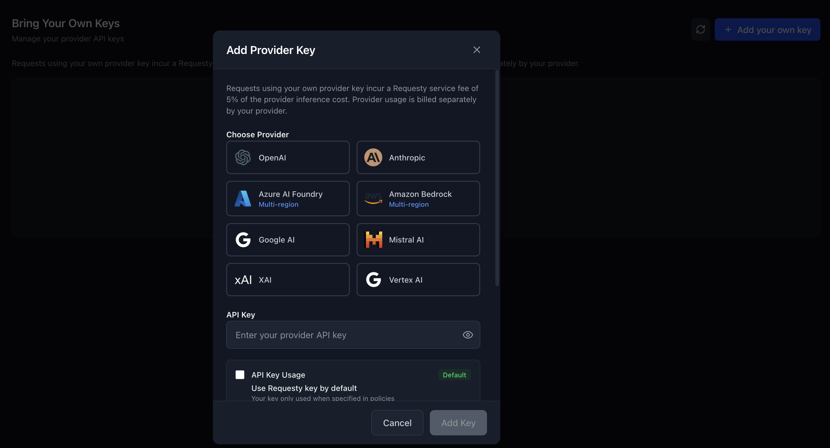 Add Provider Key dialog in the Requesty app