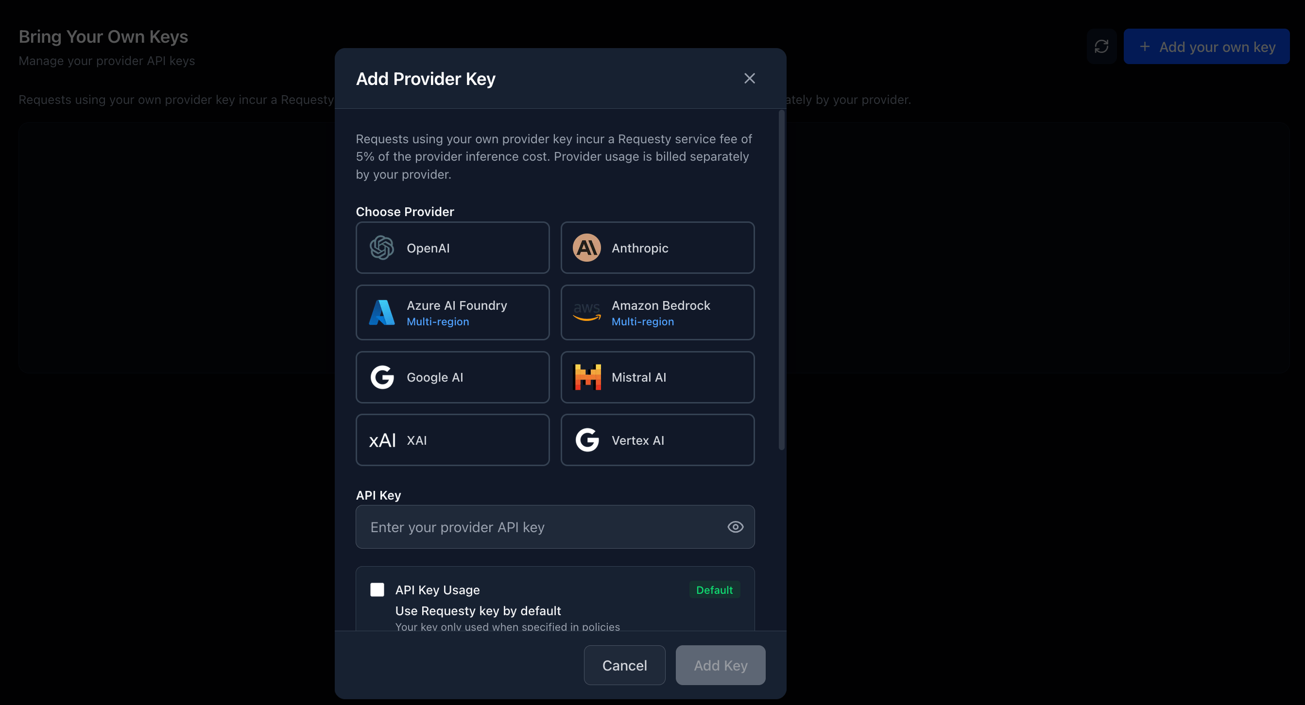 Add Provider Key dialog in the Requesty app