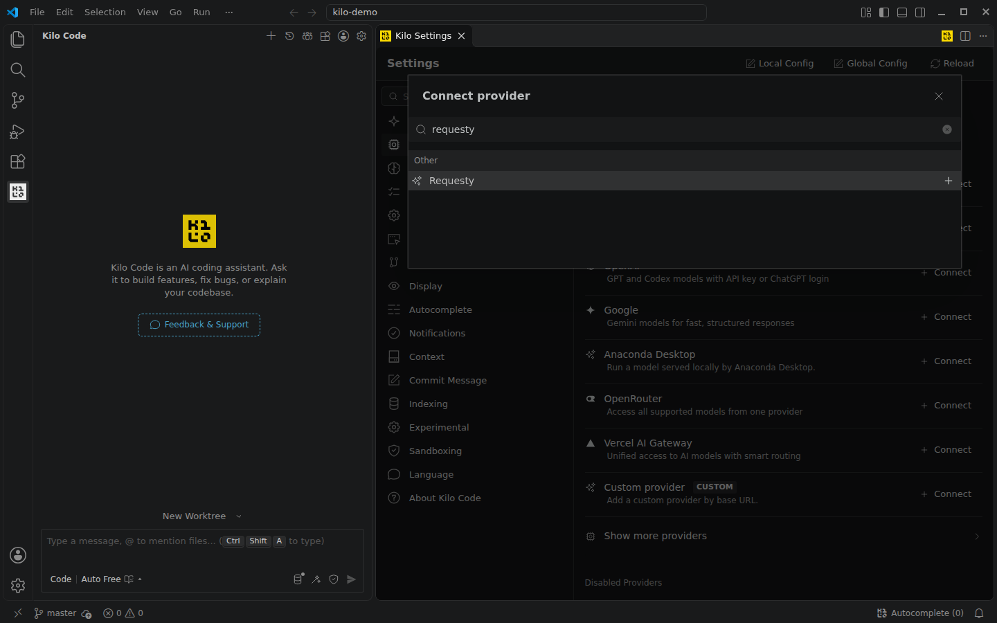 Kilo Code Connect provider dialog with Requesty in the search results