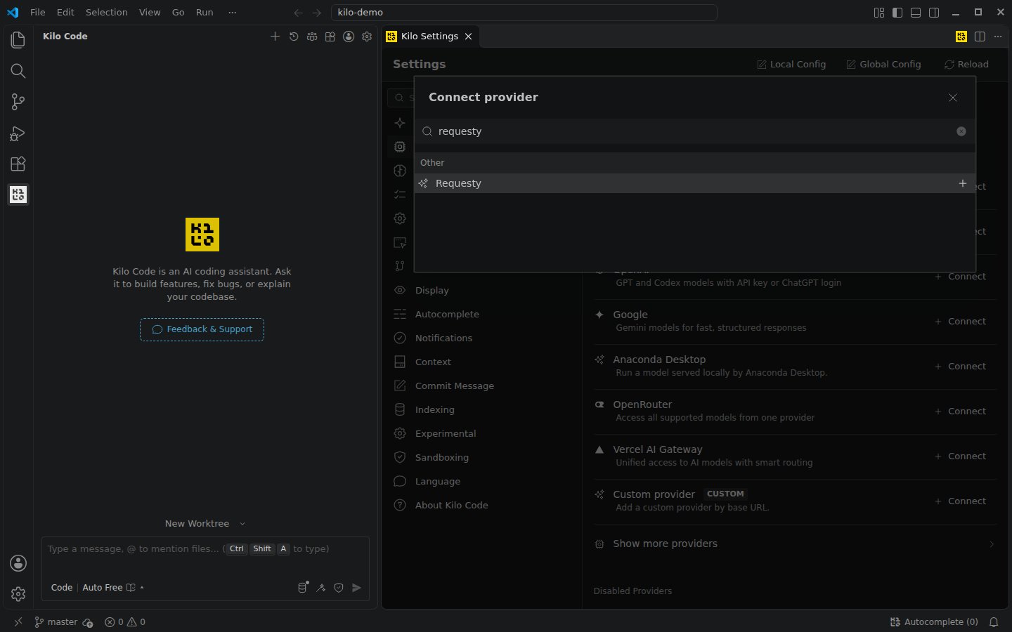 Kilo Code Connect provider dialog with Requesty in the search results