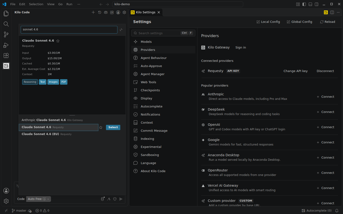 Kilo Code model picker showing Claude Sonnet 4.6 from Requesty