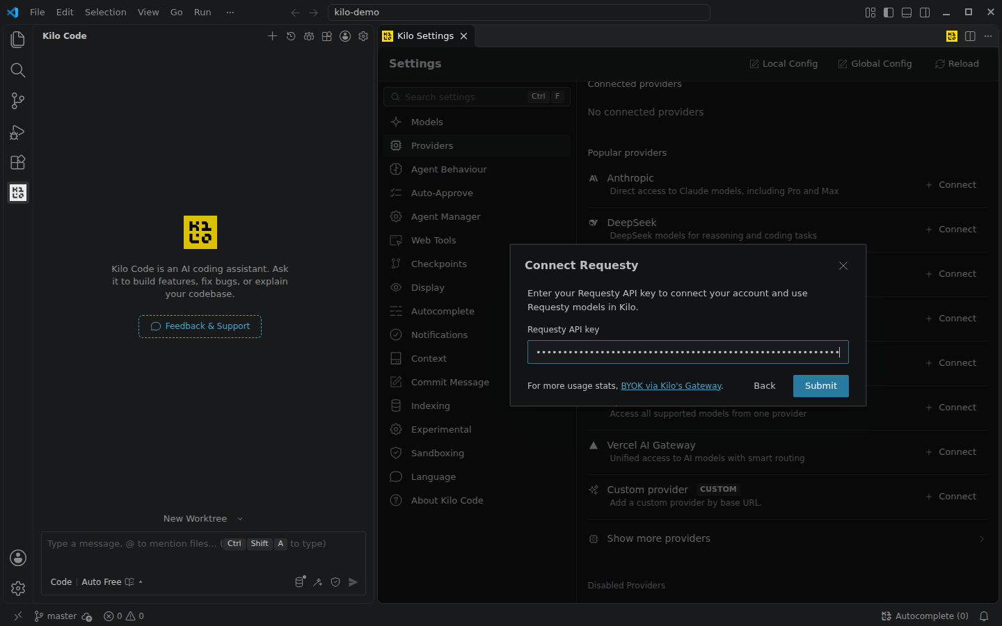 Kilo Code Connect Requesty dialog with the API key field filled in