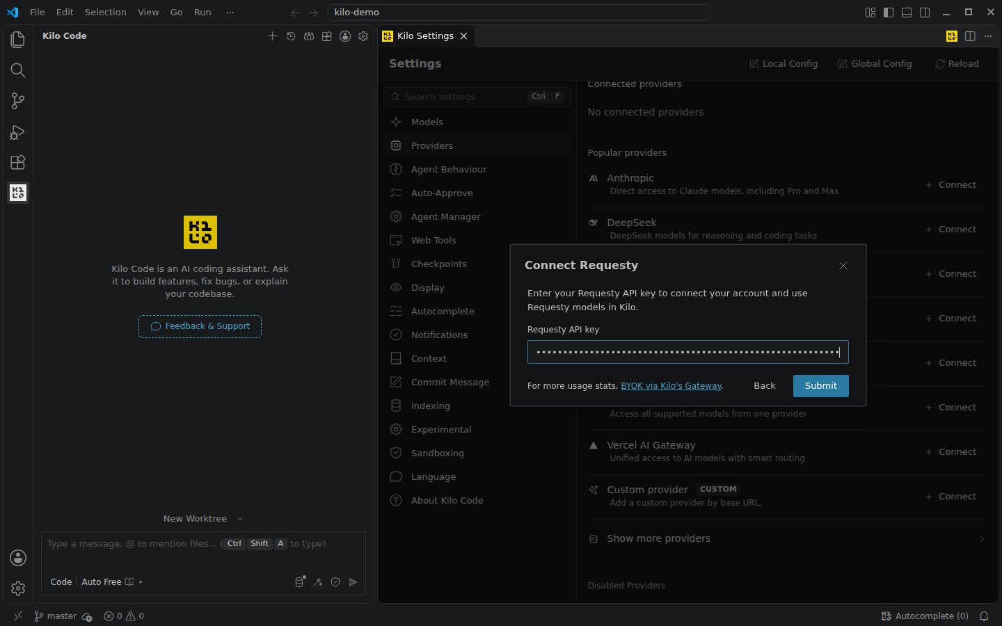 Kilo Code Connect Requesty dialog with the API key field filled in