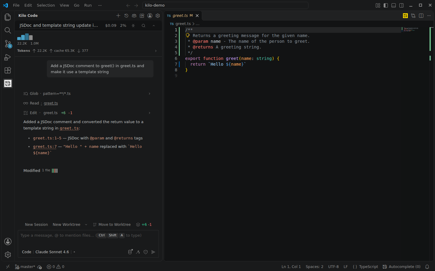 Kilo Code completing a task with Claude Sonnet 4.6 through Requesty