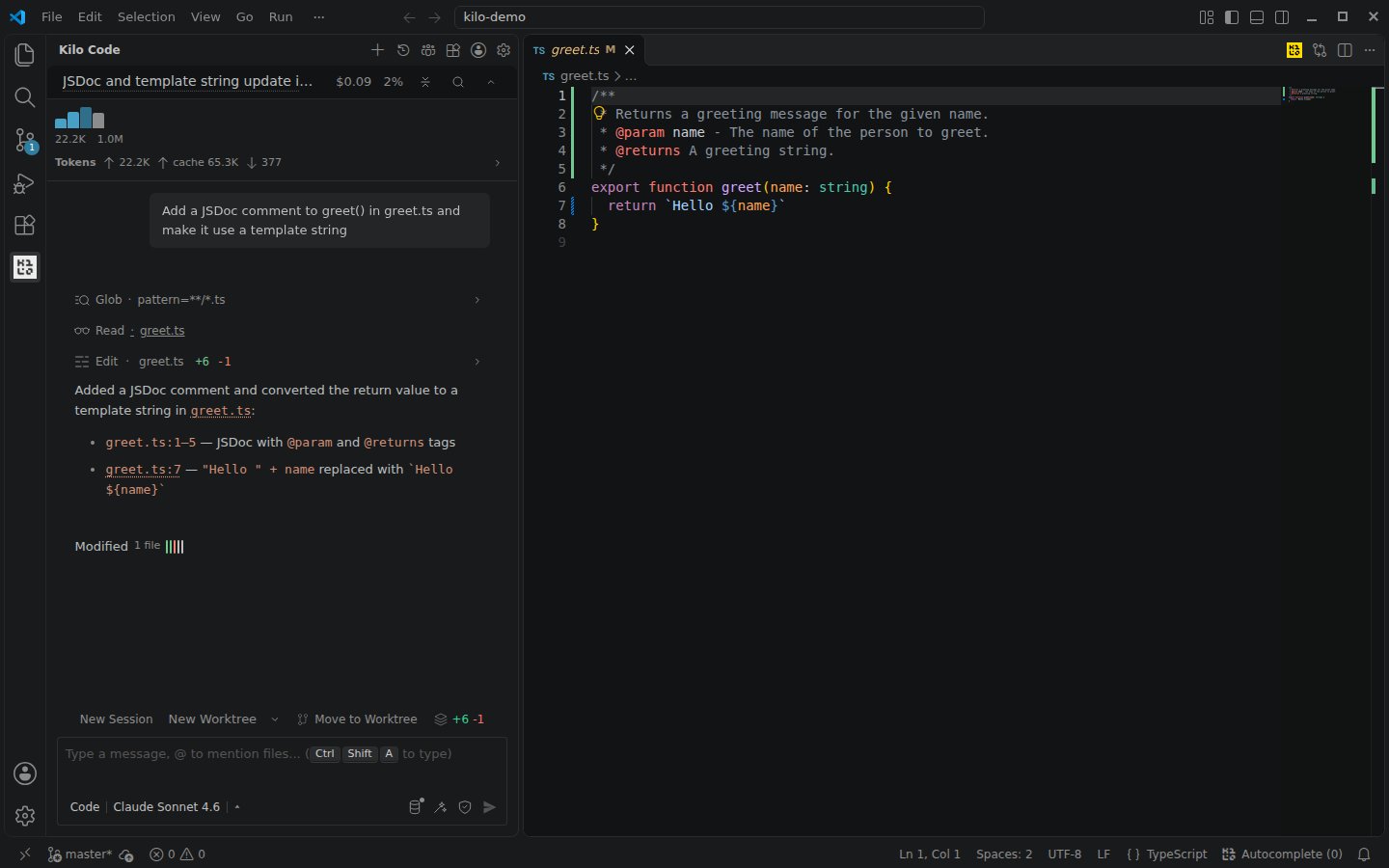 Kilo Code completing a task with Claude Sonnet 4.6 through Requesty