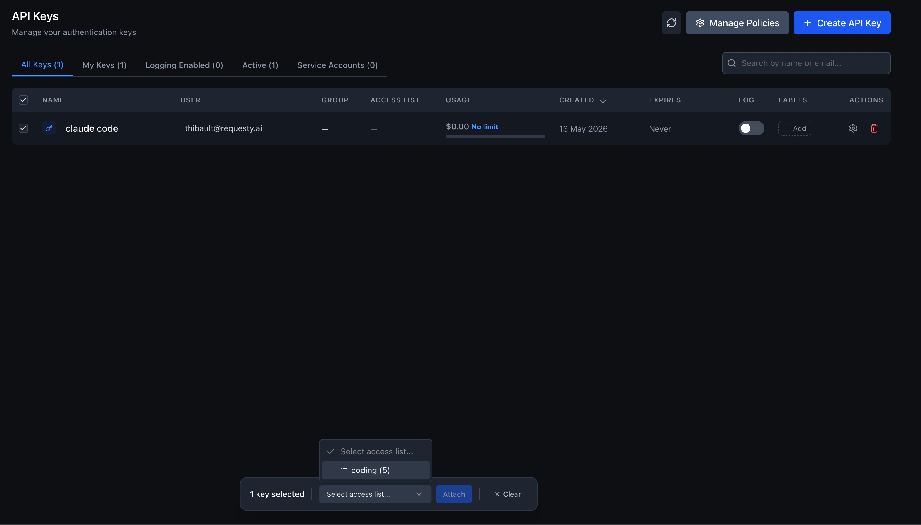 Bulk attaching an access list to API keys from the Admin Panel