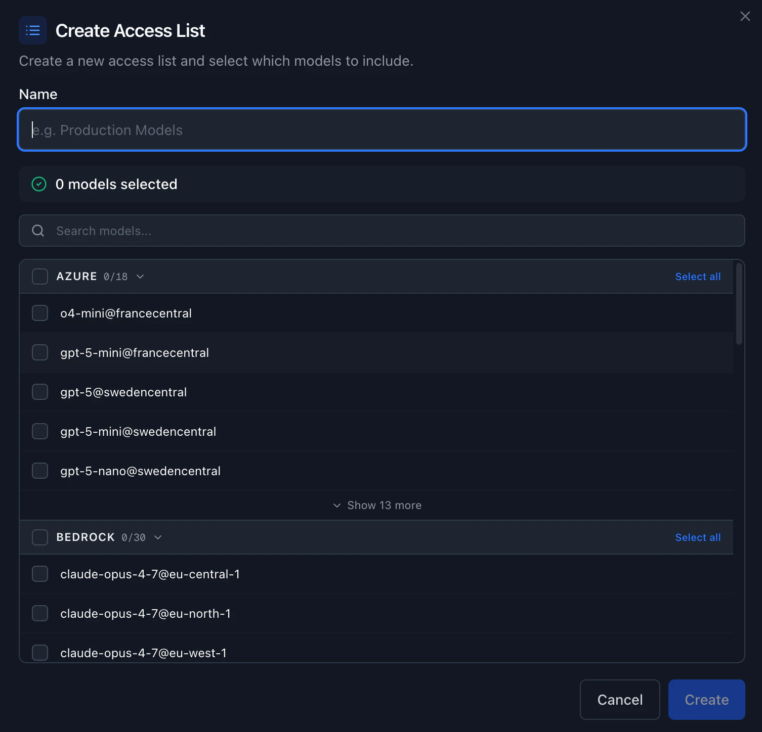 Create Access List modal