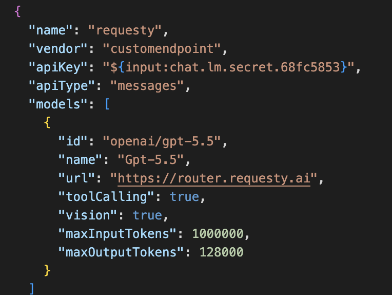 Requesty Custom Endpoint in settings.json