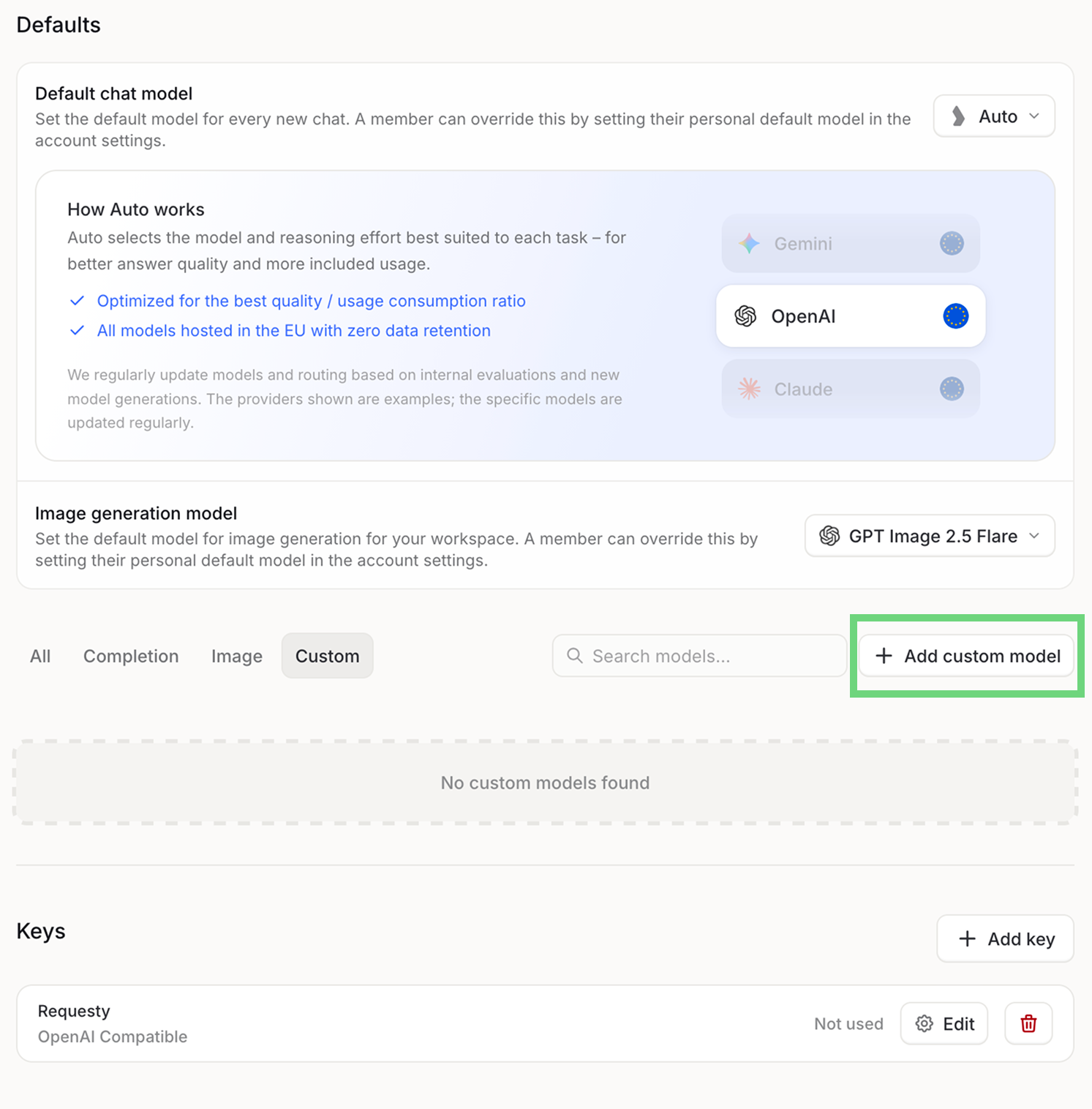 Custom tab in Langdock with the Add custom model button highlighted