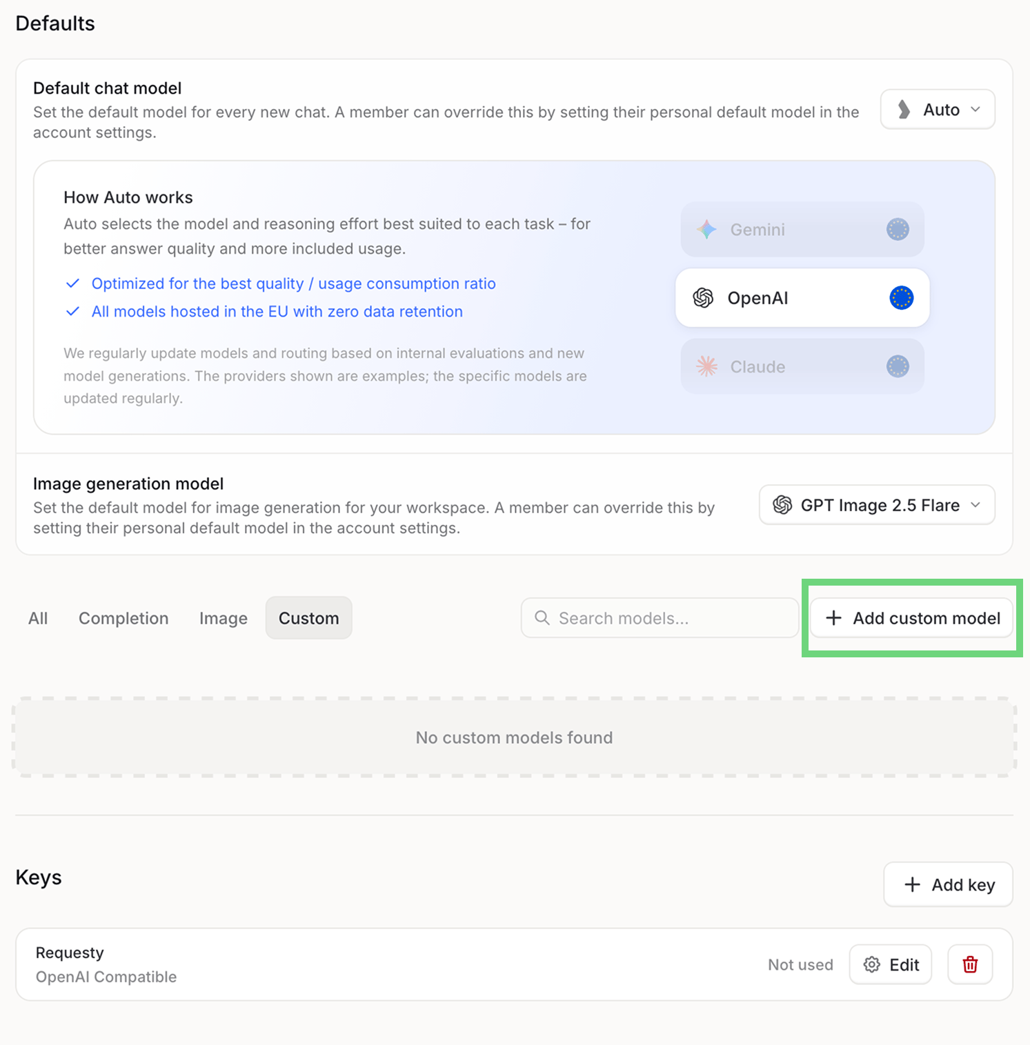 Custom tab in Langdock with the Add custom model button highlighted