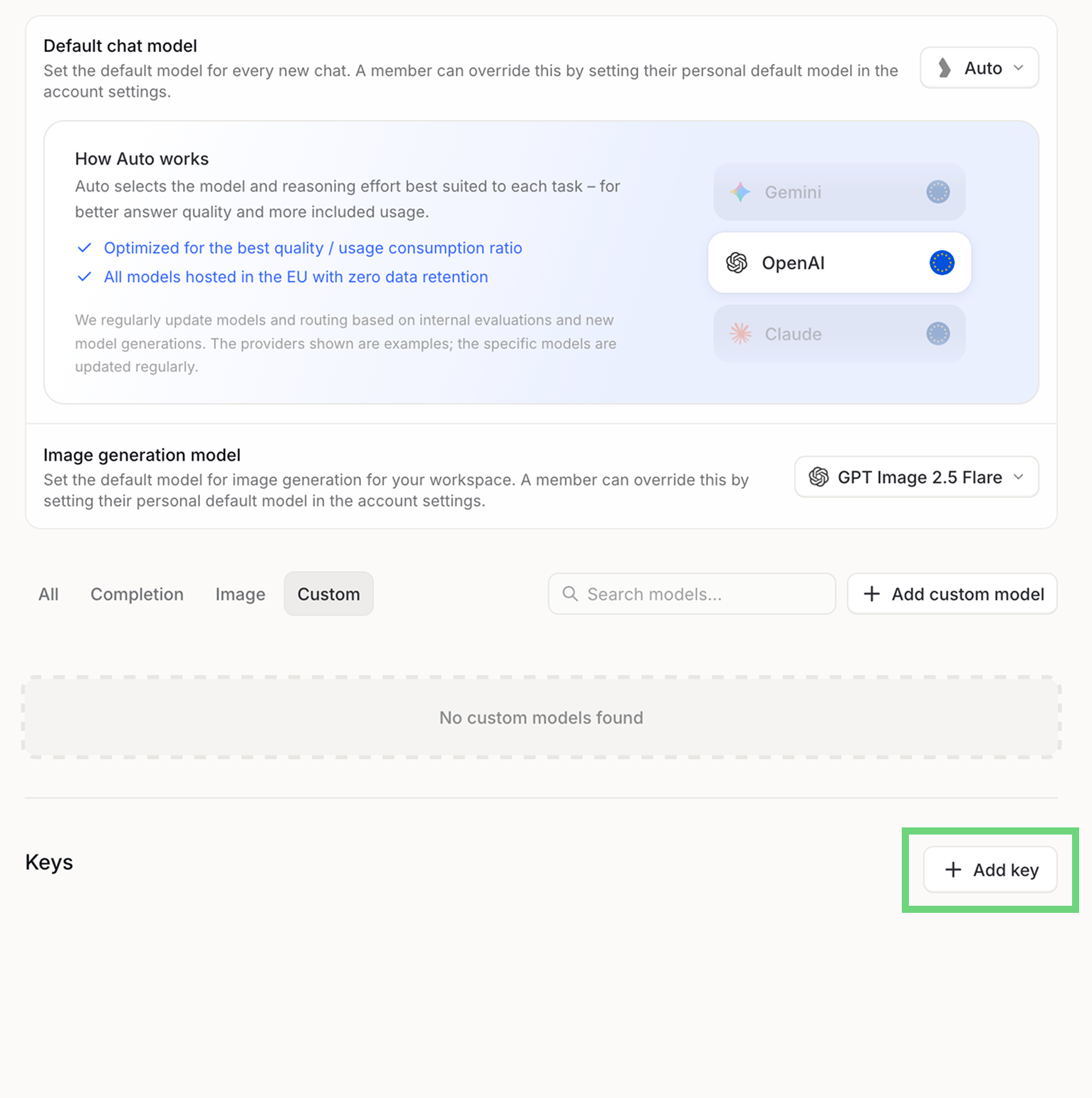 Langdock Settings > Models with the Add key button highlighted