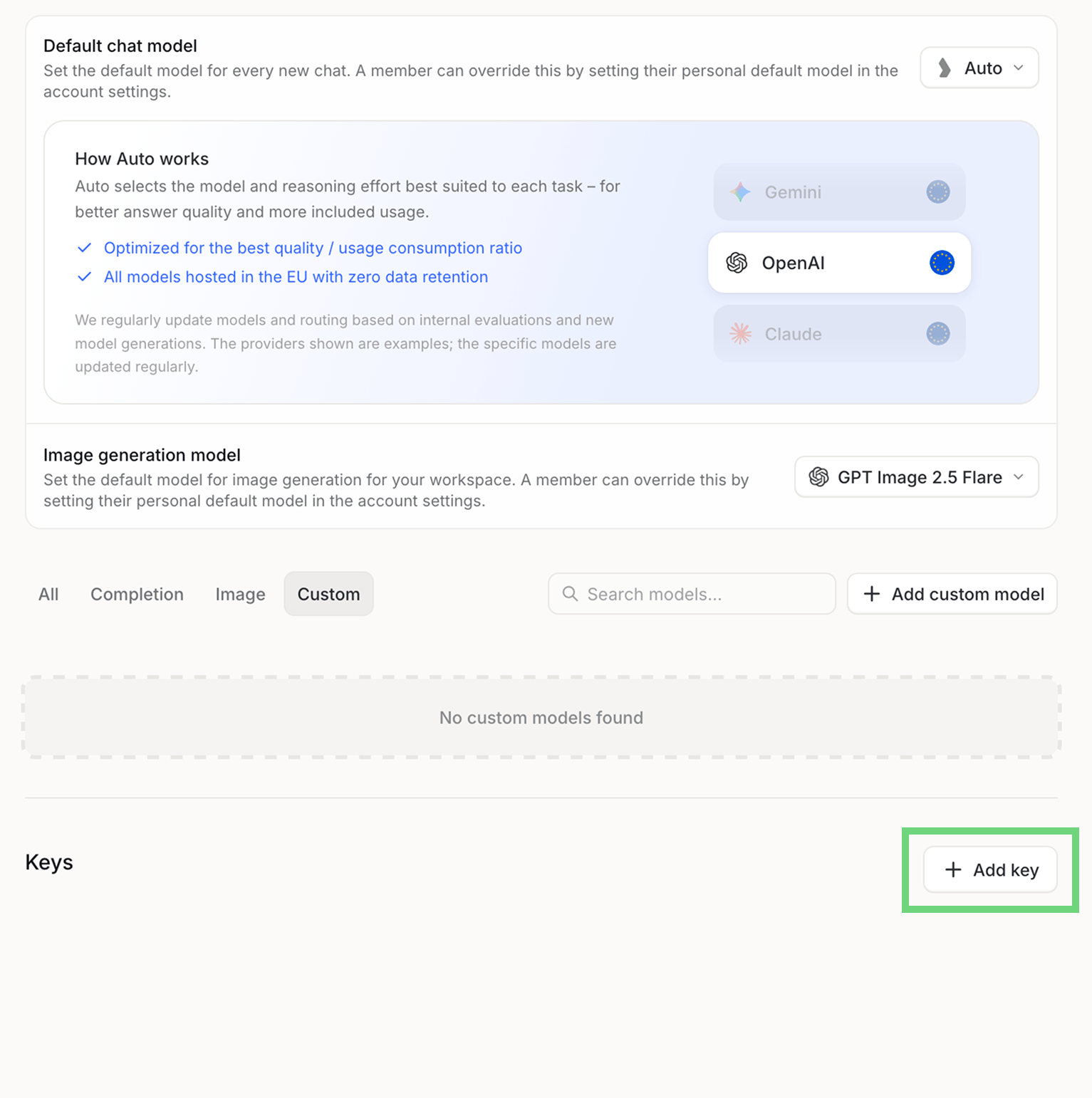 Langdock Settings > Models with the Add key button highlighted